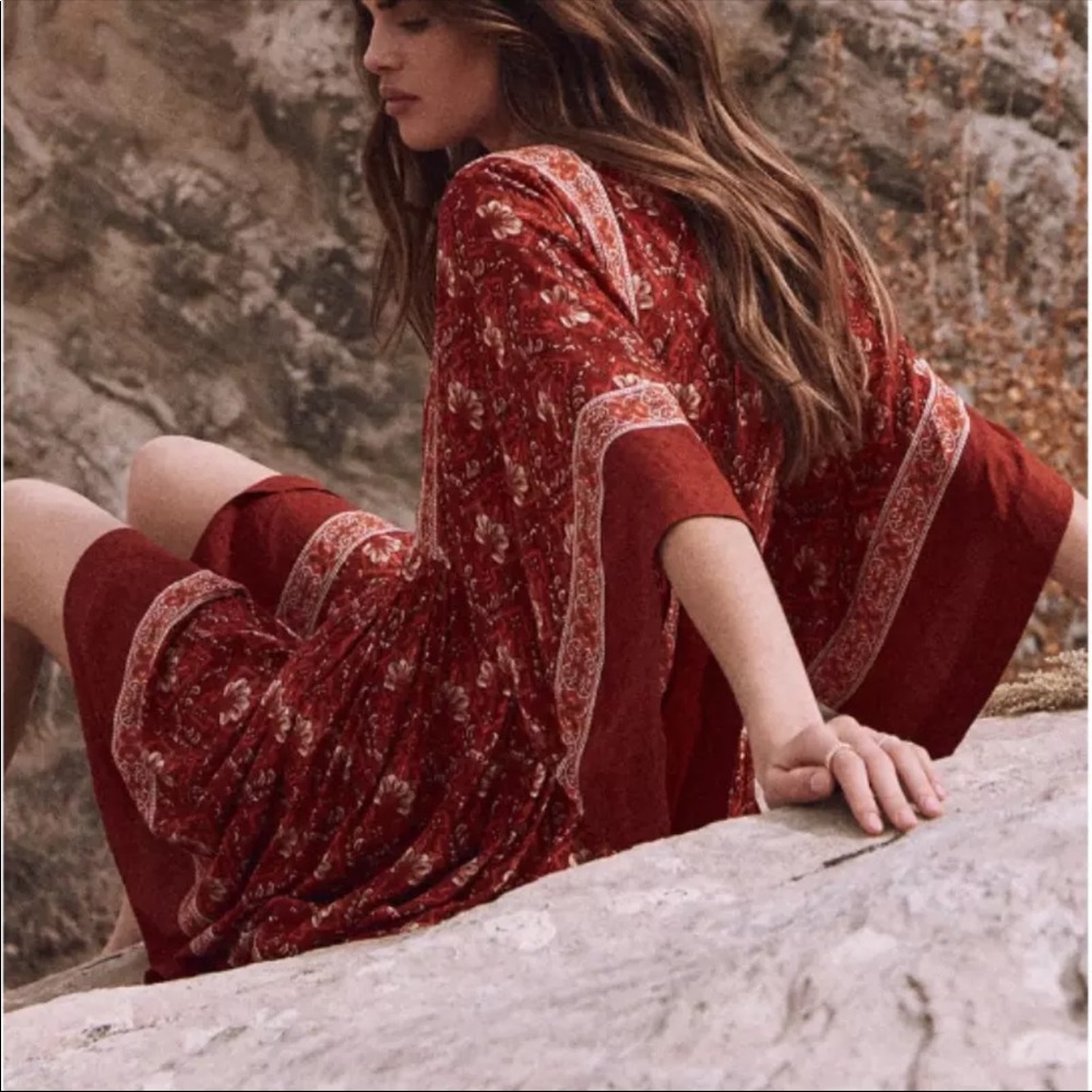 Boho Floral Paisley Gypsy Print Tunic Dress Red - Picture 8 of 9
